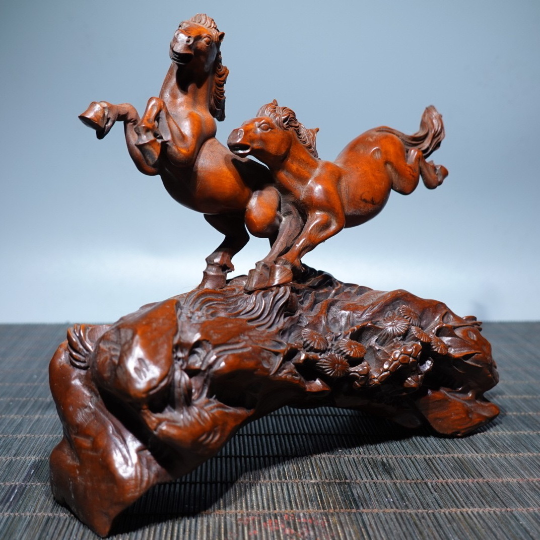 旧蔵 清代 古黄楊木彫 駿馬が奔騰する 馬到成功 細密彫 時代物 中国美術 極細工 置物 木彫り 古美術品 TR228_画像8