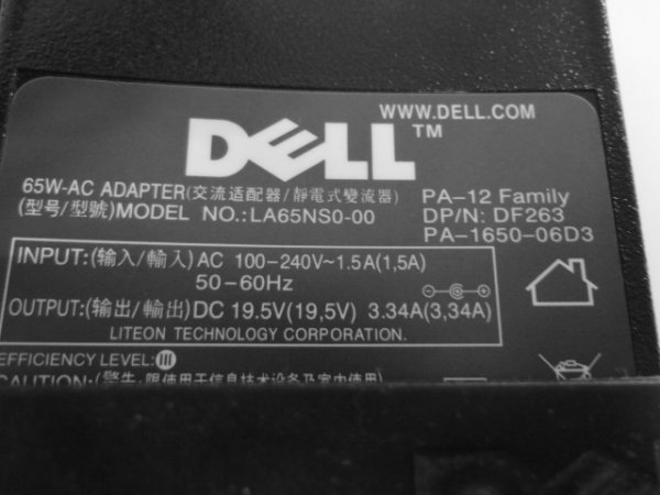 AN24-003 DELL デル ノートPC用 ACアダプター LA65NSO-00 19.5V 3.34A 純正 LA65NS0-00 PA-12 動作確認済_画像3