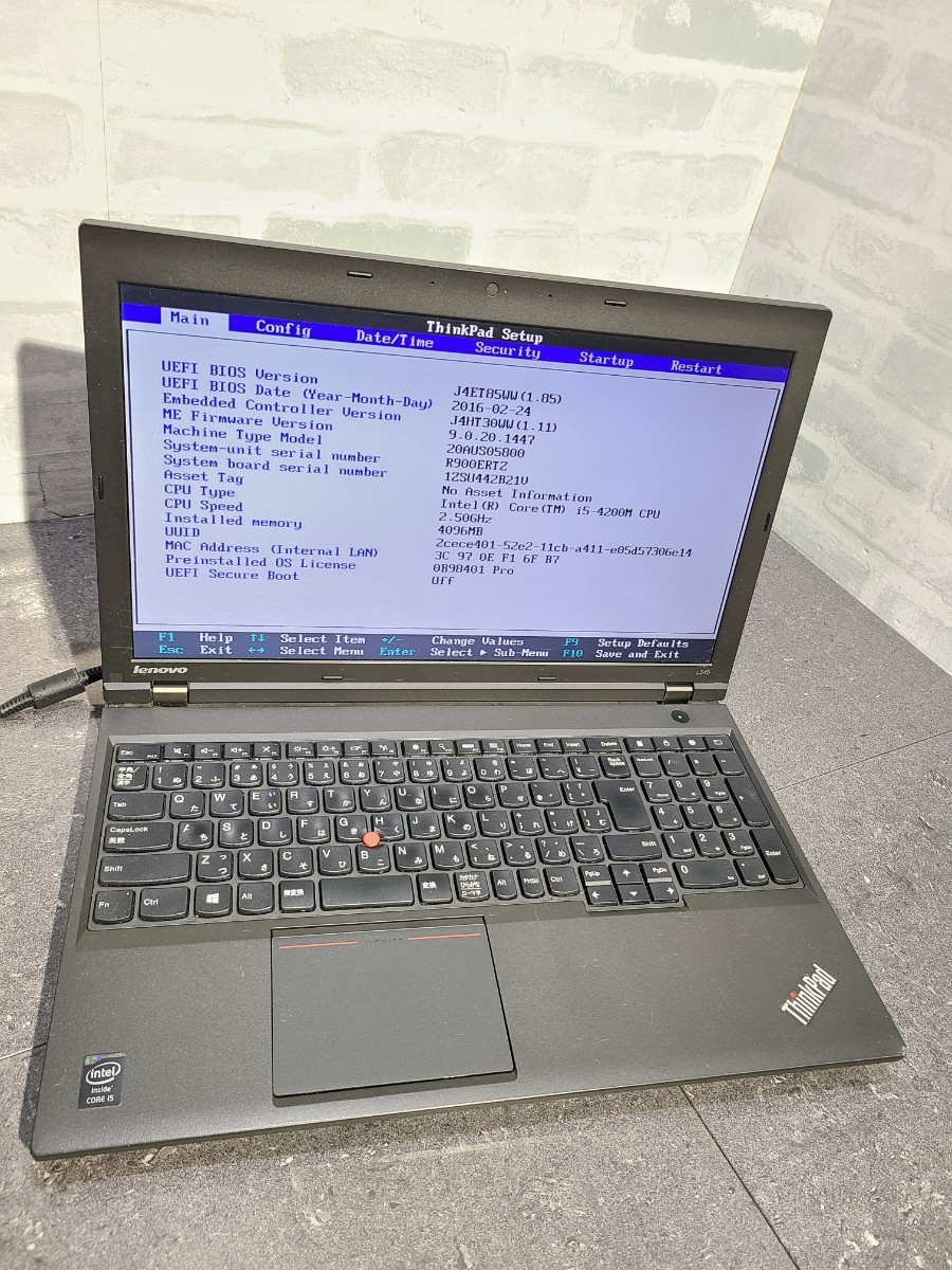 【現状品】管1X67 Lenovo ThinkPad L540 20AU-S05800 CPU core i5-4200M Bios起動OK HDD無し、メモリー4GB、バッテリー有り _画像1