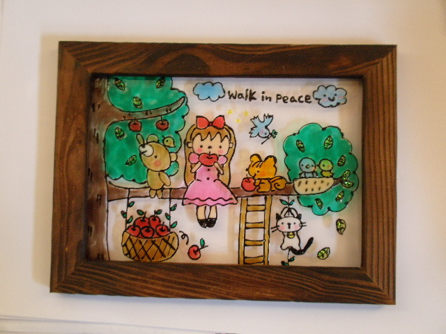 *NO.L76* stained glass manner *2L size *..* apple. tree * girl * squirrel * cat *..* bird * Apple * agriculture .* hand made * miscellaneous goods * illustration 