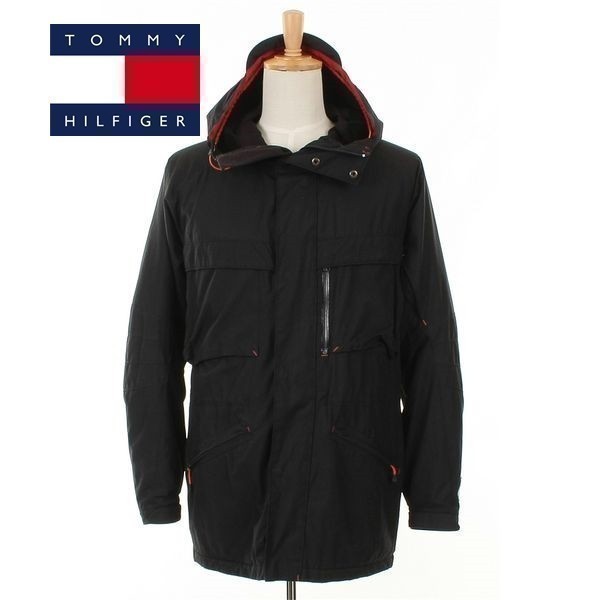 A4547/極美品 秋冬 TOMMY HILFIGER トミーヒルフィガー ジップアップ 中綿 裏フリース ワーク マウンテンパーカー ハーフコート L黒/メンズ_画像1