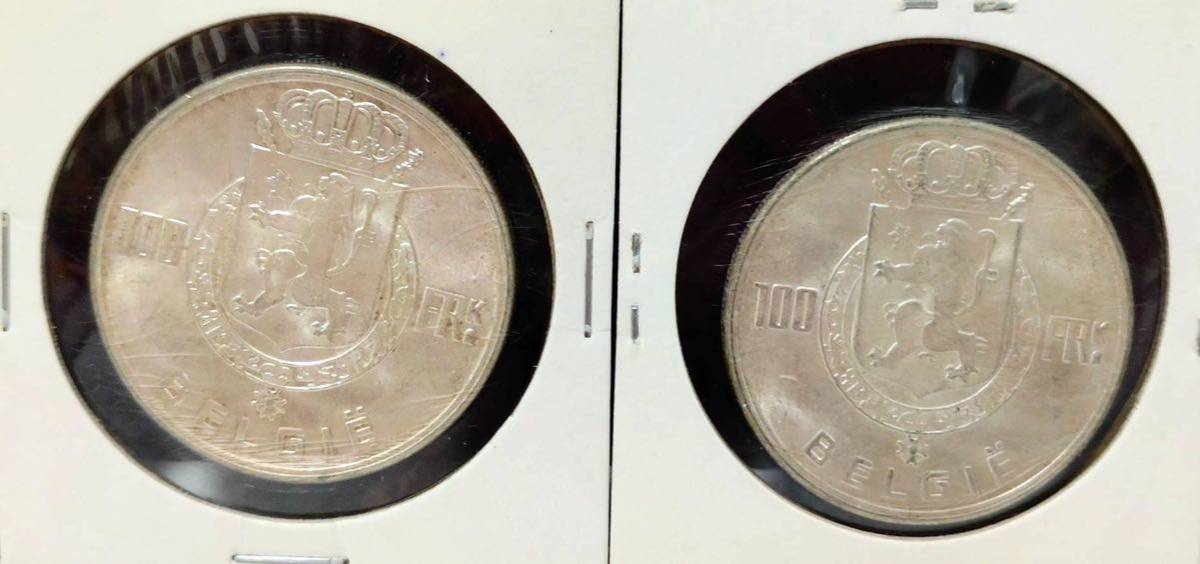 ■希少レア■ ベルギー 100フラン銀貨 1951年 歴代4国王 銀貨 硬貨 コイン アンティークコイン 2枚セット_画像2