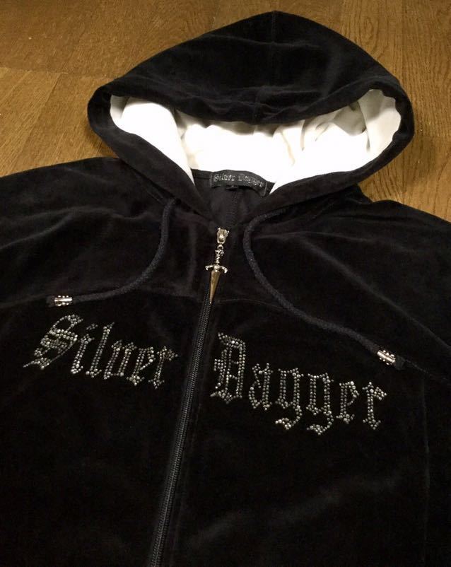 美品!!「Silver Dagger」パイレーツスカル柄 スワロフスキー/ラインストーン ベロアパーカー Black SIZE:S USA フロリダ発 4