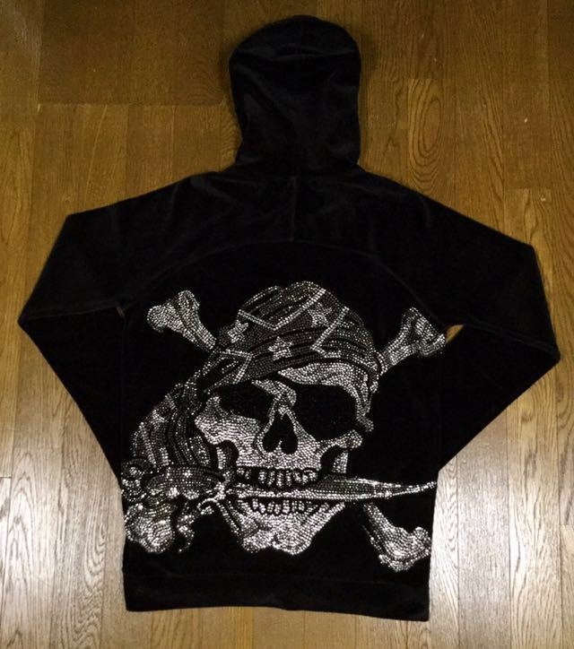 美品!!「Silver Dagger」パイレーツスカル柄 スワロフスキー/ラインストーン ベロアパーカー Black SIZE:S USA フロリダ発 3