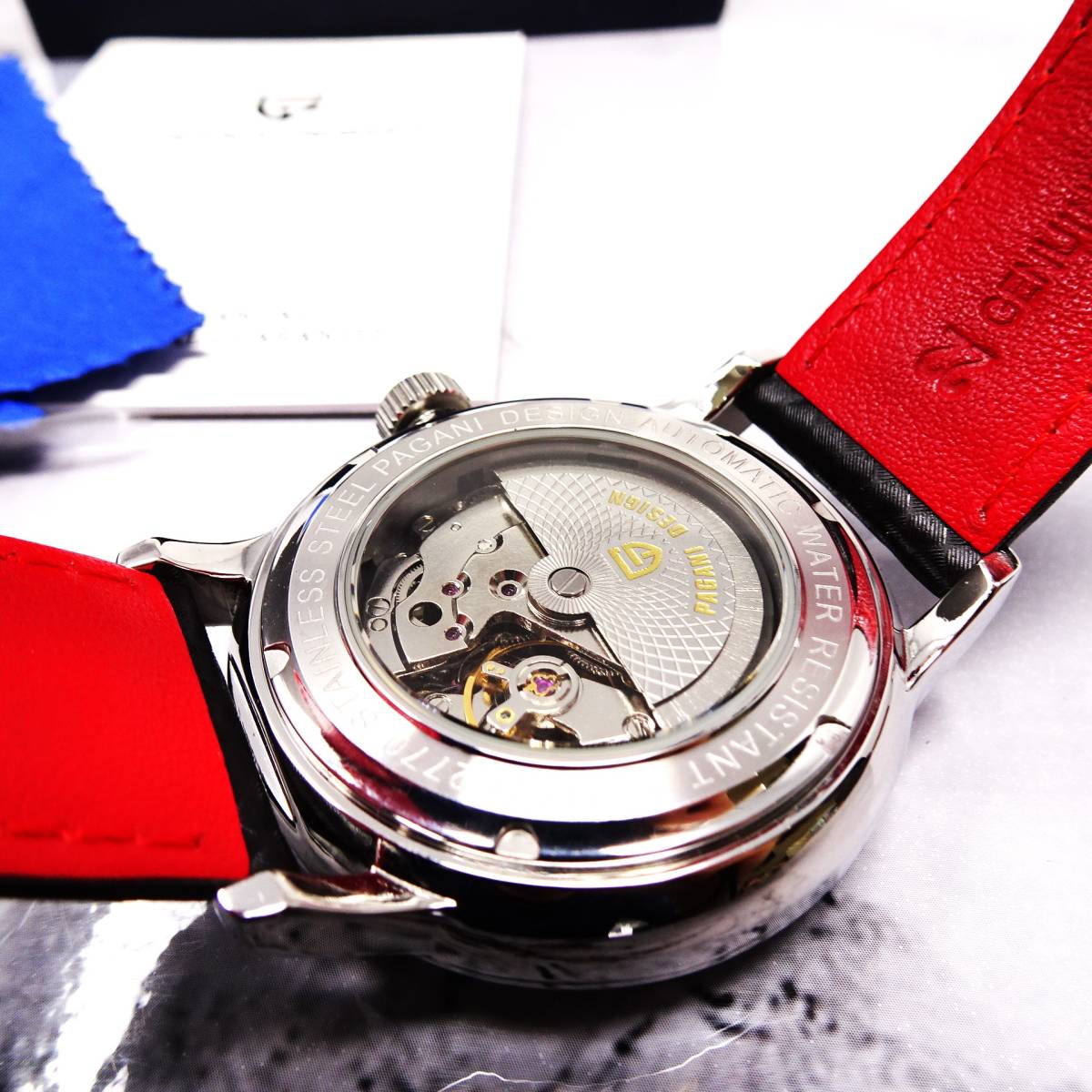 送料無料・新品・パガーニデザイン・メンズ・Seagull2813機械式腕時計 ・ステンレスケース・カーボン柄本革レザーストラップ・PD-2770_画像4