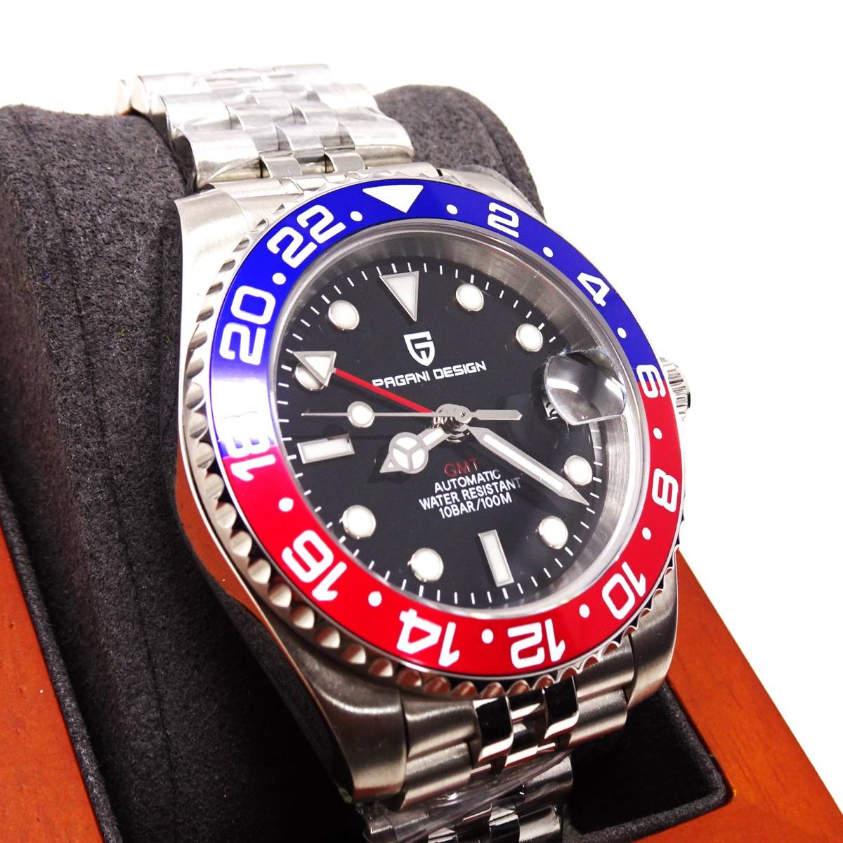 送料無料・新品・パガーニデザイン・メンズ・機械式腕時計 ・GMT針オマージュウオッチ・ペプシベゼル・ジュビリーメタルストラップPD-1662 _画像2