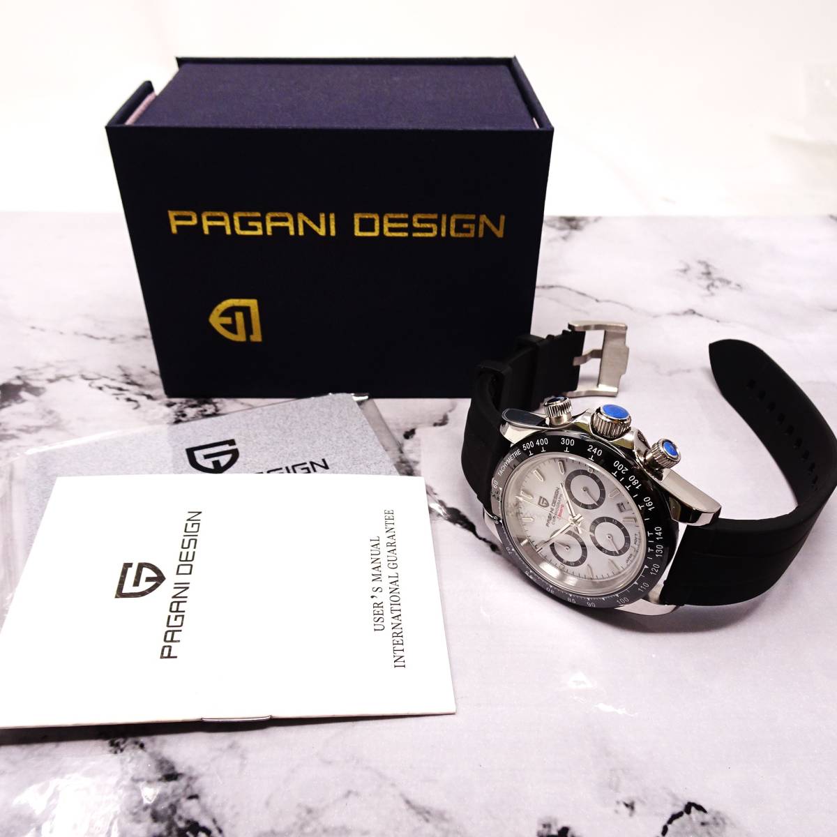 送料無料・新品・パガーニデザイン・メンズ・セイコー製VK63クロノグラフクオーツ式腕時計 ・ラバーストラップ・ホワイト文字盤モデル_画像10