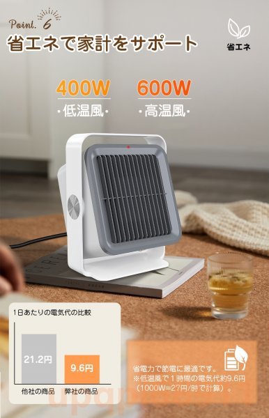 セラミックヒーター セラミックファンヒーター 小型 600W ミニ 電気ファンヒーター 電気ストーブ 2秒即暖 2段階切替 足元ヒーター 省エネ_画像9