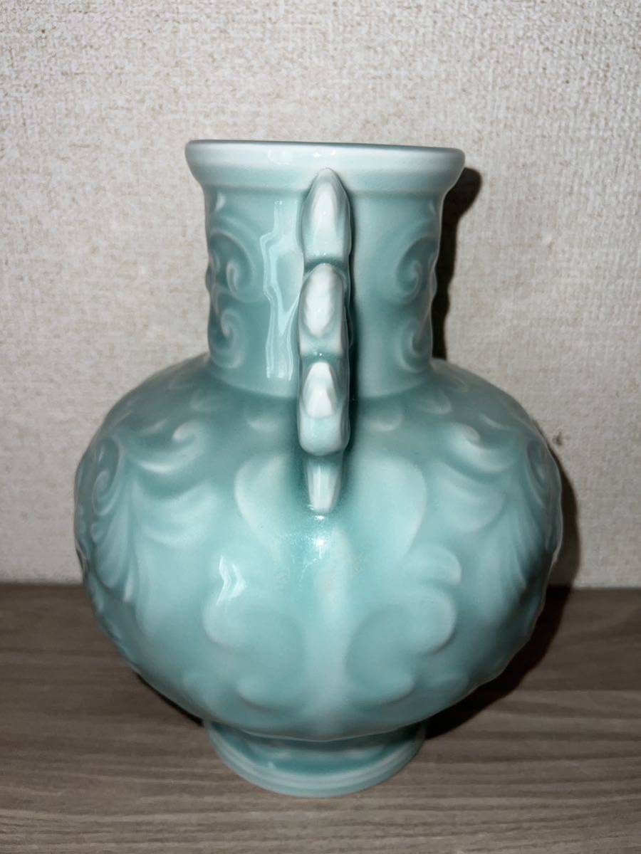 中国古美術 花瓶 花器 青磁花瓶 高:24．6cm 幅:21cm_画像4