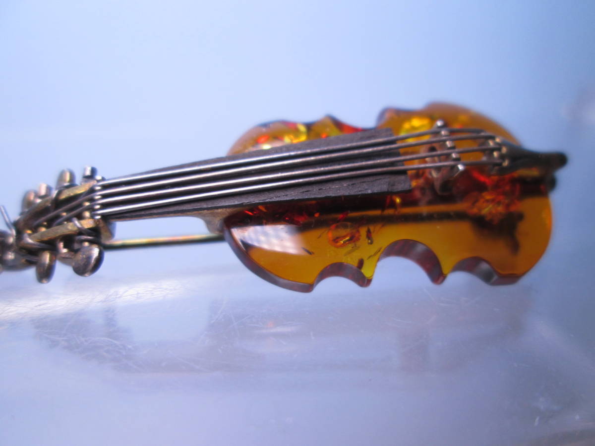 *SILVER натуральный янтарь скрипка дизайн брошь 4,87g