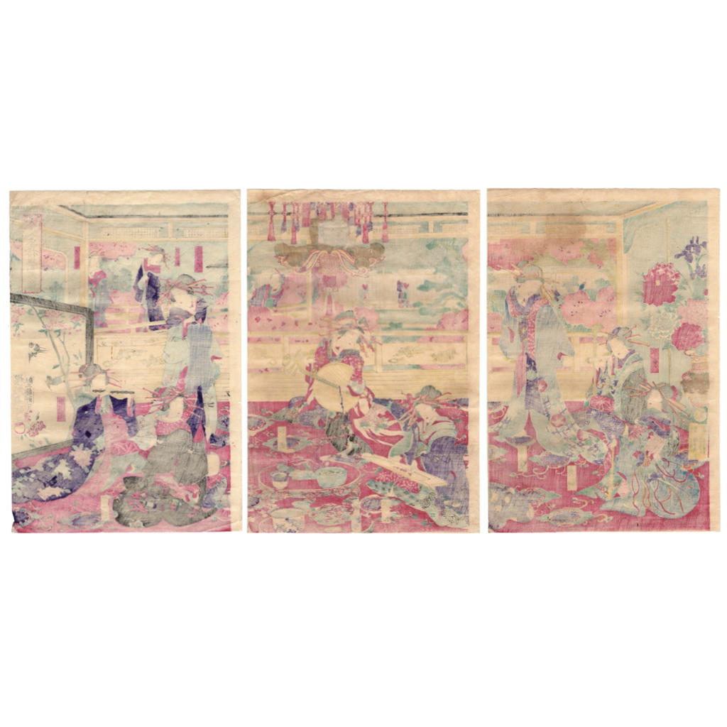 浮世絵】真作「楊洲周延」木版画「大文字楼繁栄ノ図」三枚続 浮世絵】真作「楊洲周延」木版画「大文字楼繁栄ノ図」三枚続