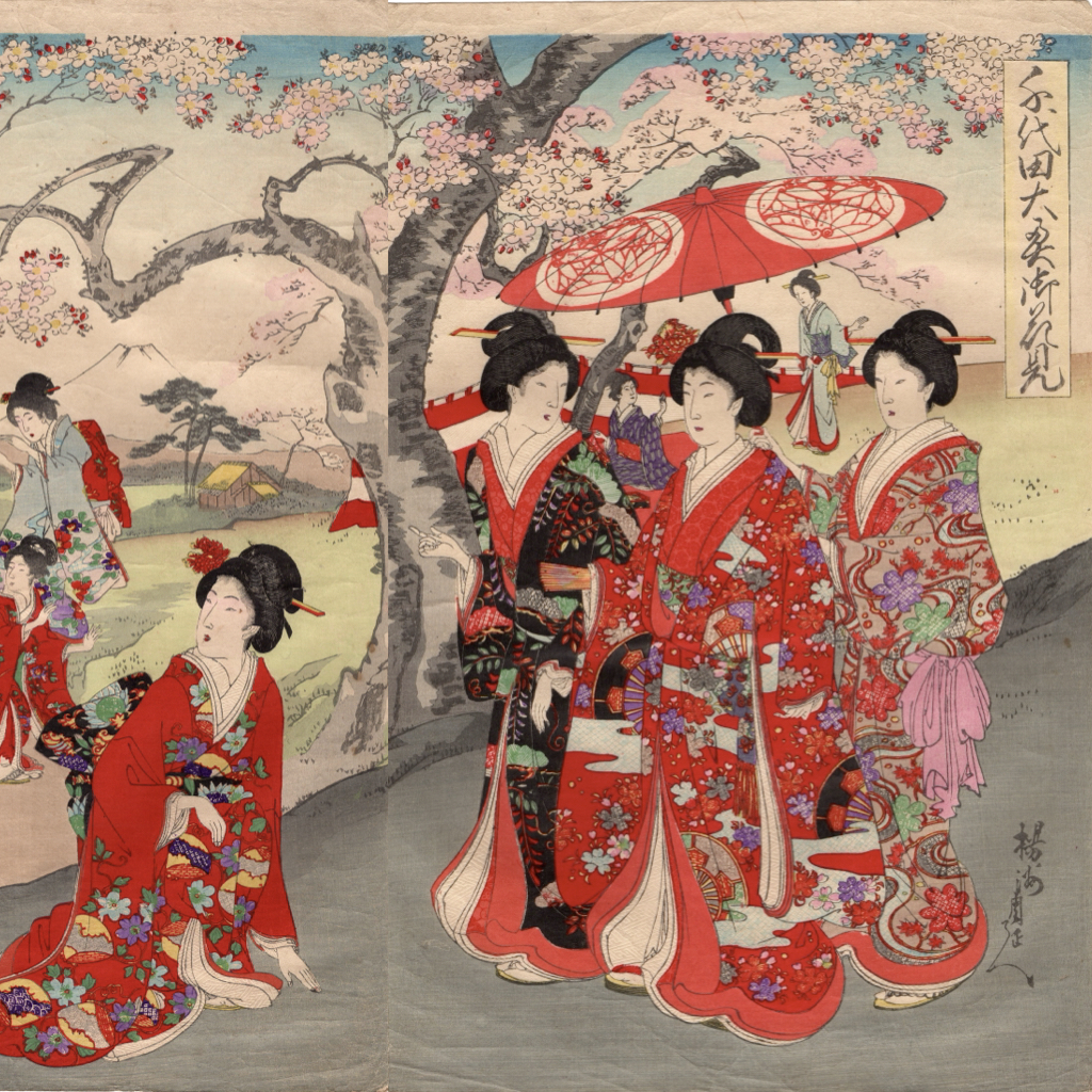 浮世絵】真作「楊洲周延」木版画「千代田之大奥 御花見」3枚続 浮世絵】真作「楊洲周延」木版画「千代田之大奥 御花見」3枚続