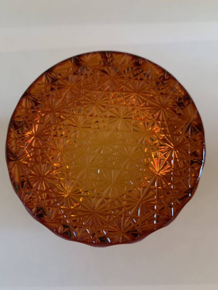 江戸切子 菊籠目に菊繋ぎ紋 オールドグラス 琥珀金赤 新品未使用品の画像5