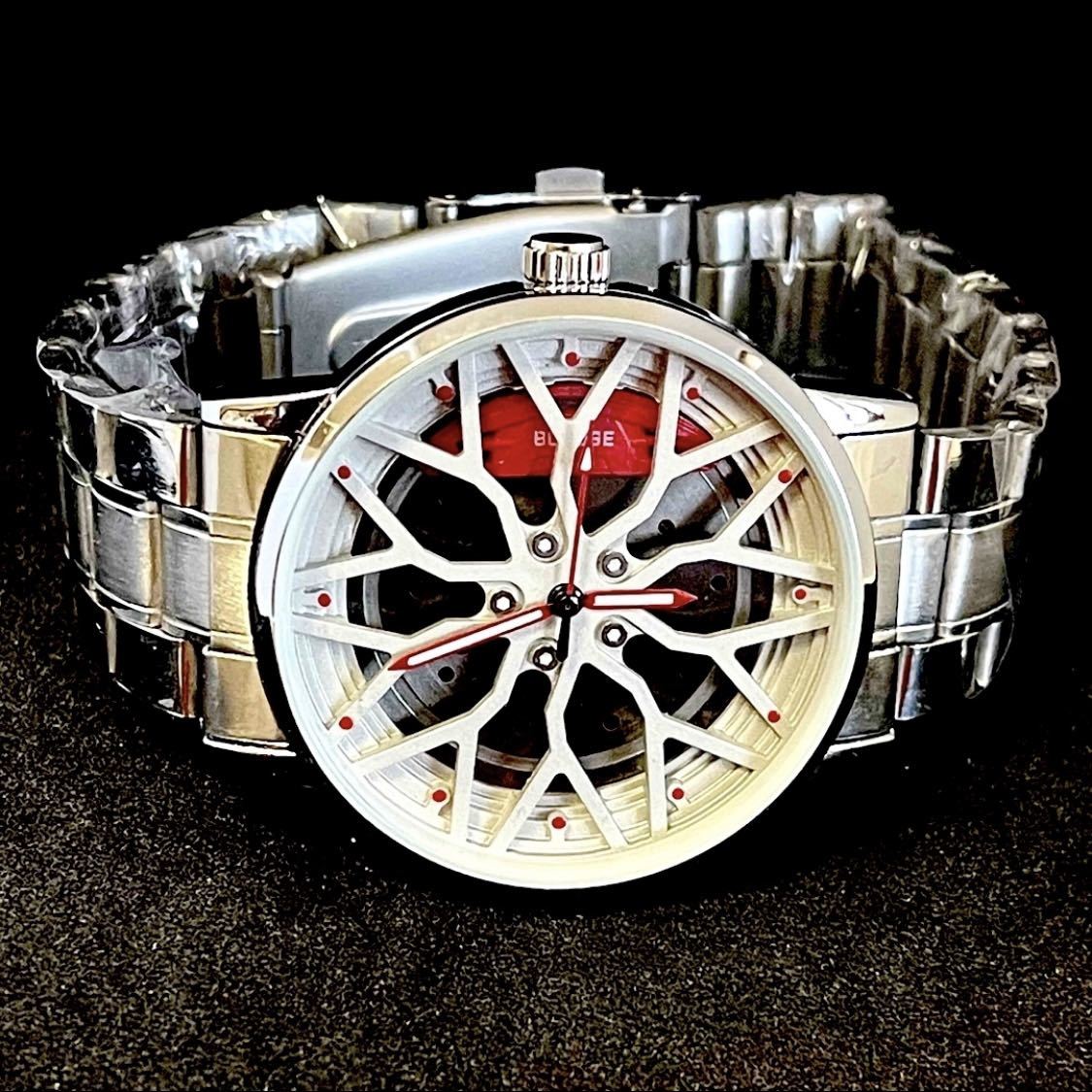 新品 BORUSE グレーホイールオマージュウォッチ シルバー&グレーホイール レッドキャリパー メンズ腕時計_画像3