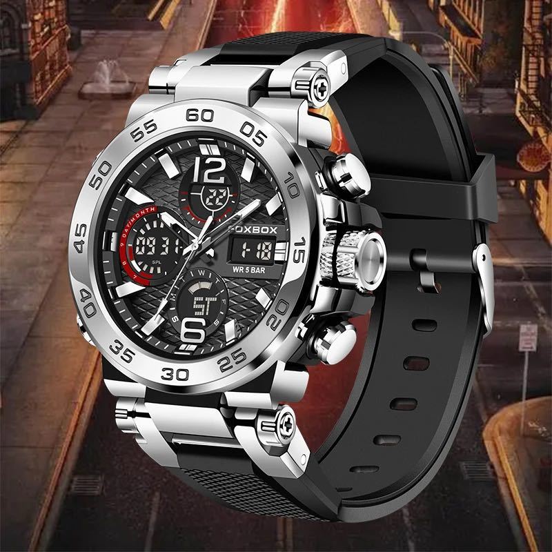 新品 FOXBOX デュアルウォッチ 50M防水 メンズ腕時計 ラバーストラップ ブラック＆シルバーの画像5