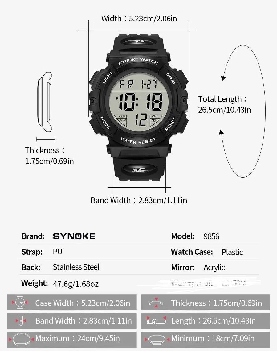 新品 SYNOKEスポーツデジタル 防水 デジタルストップウォッチ メンズ腕時計 9856 ブラック_画像10