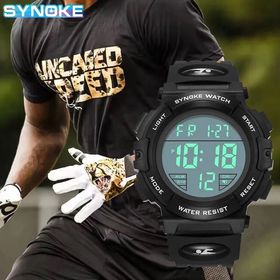 新品 SYNOKEスポーツデジタル 防水 デジタルストップウォッチ メンズ腕時計 9856 ブラック_画像5
