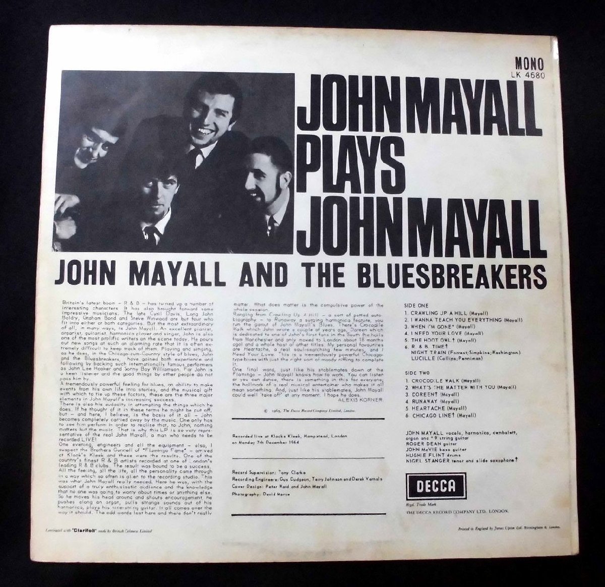 ●UK-DeccaオリジナルMono,””EX:EX Copy,A1:Crawling Up A Hill♪””!! John Mayall Plays John Mayall_画像2