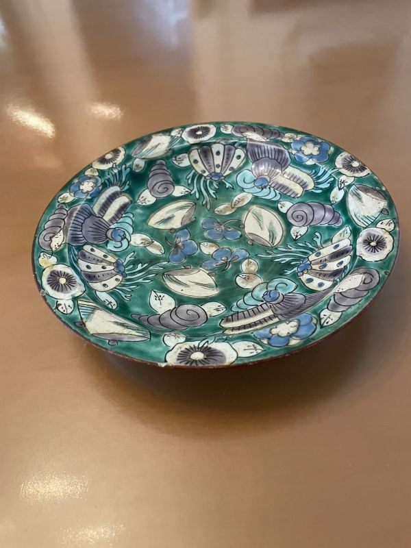 九谷焼　中皿（緑釉、蛤紋）