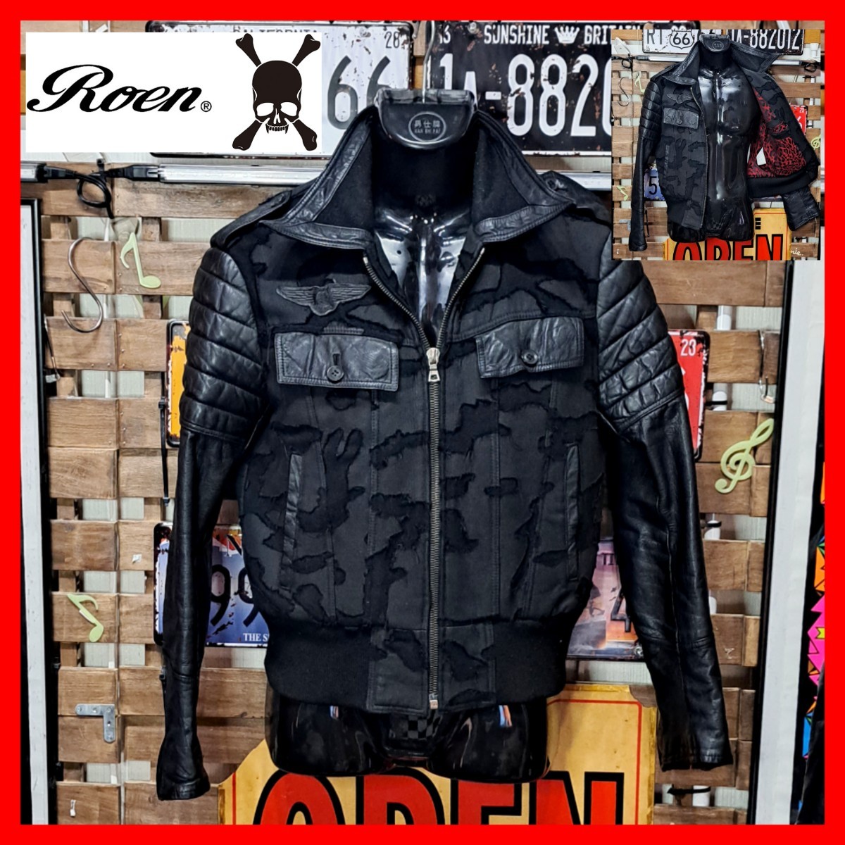 Roen ロエン　カモフラ　ワッペン　レザースリーブ　ライダース　スタジャン　Ｍ　ブラック　レオパード　 黒_画像1