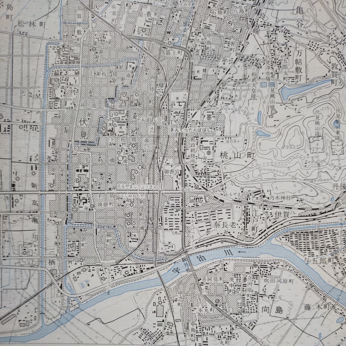 地形図 25千分の1●京都東南部●昭和47年発行●京都市電（大宮烏丸河原町七条九条東山線）電停表示。京阪・近鉄丹波橋乗入れ渡り線表示_画像5