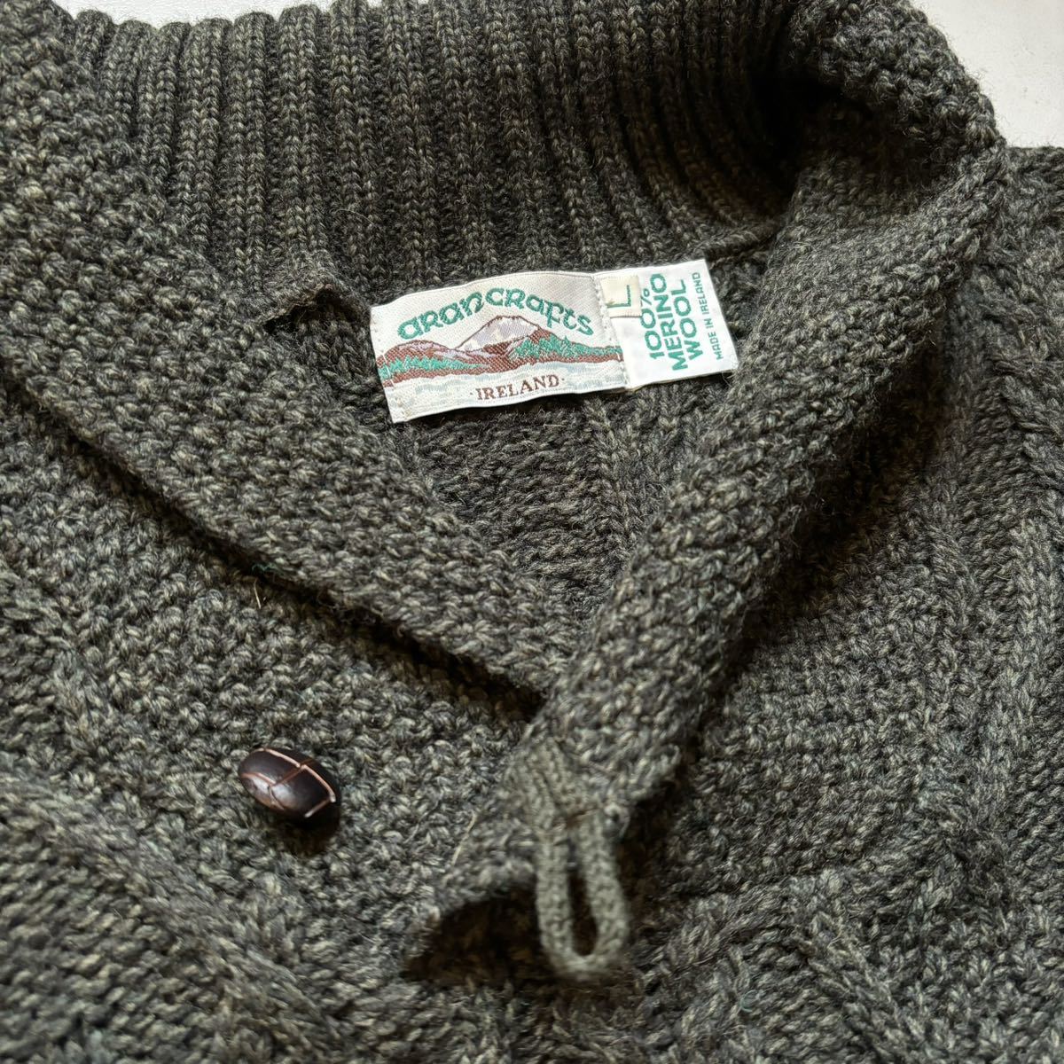 aran crafts merino wool shawl collar knit sweater “size L” アランクラフト メリノウール ショールカラーニットセーター_画像5