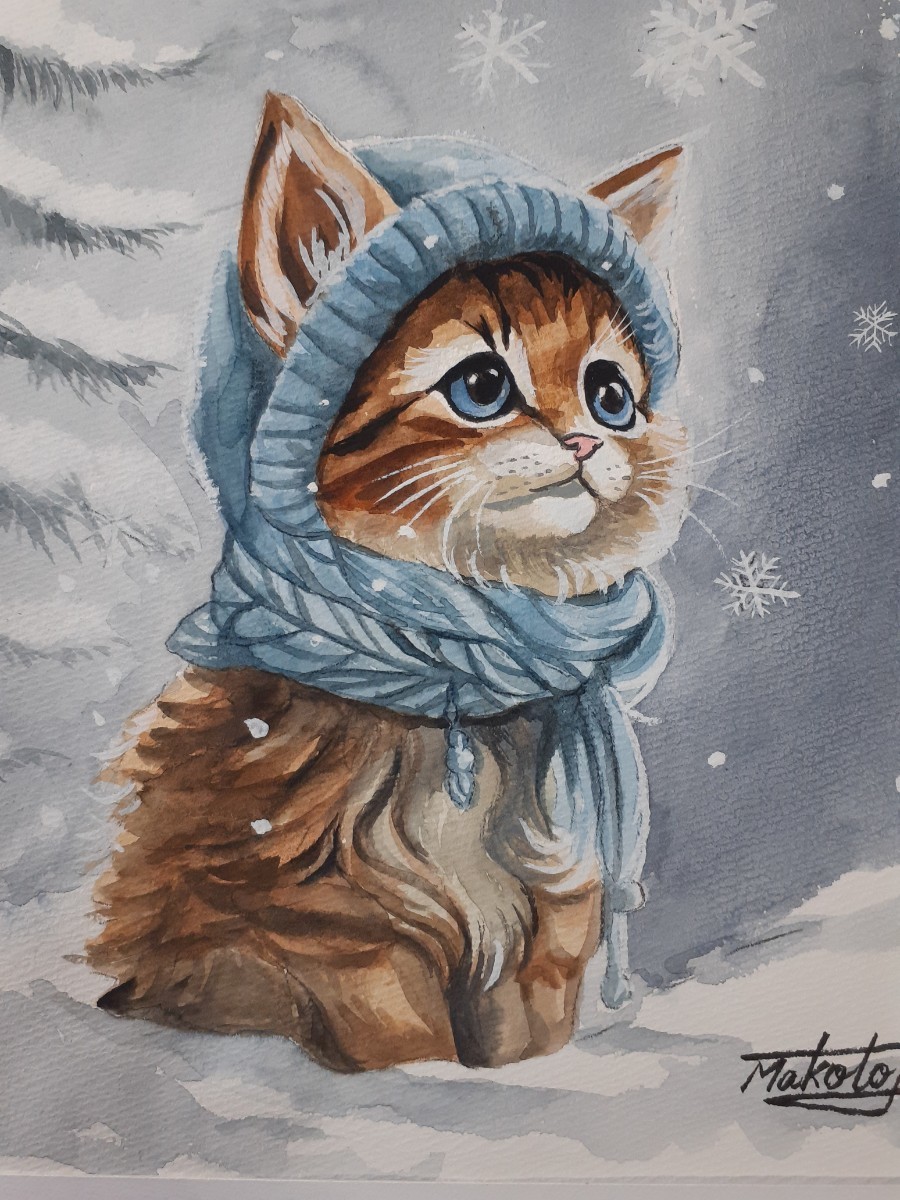 水彩画　雪降る中の子猫_画像3