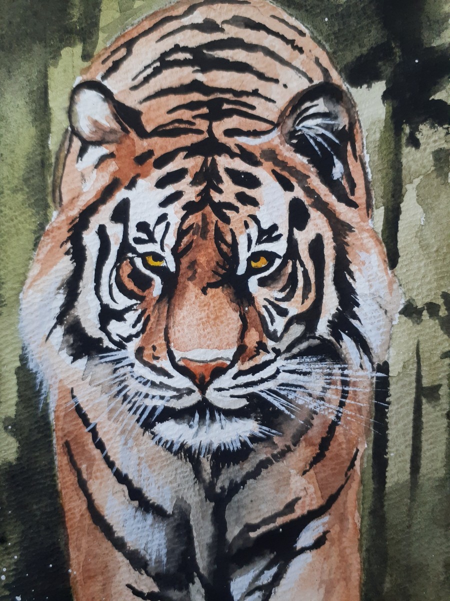  watercolor painting forest. Tiger 