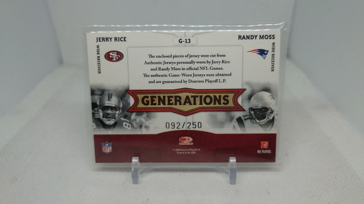 2008 Panini Donruss Threads Jerry Rice Randy Moss Game Used Dual Jersey NFL HOF 実使用 Legend_画像2