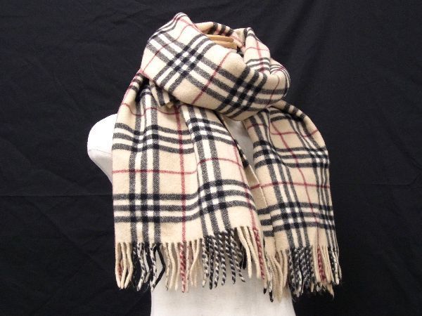 1円 ■美品■ BURBERRY バーバリー ノバチェック フリンジ マフラー ストール ショール 防寒具 レディース メンズ ベージュ系 AV4061_画像2