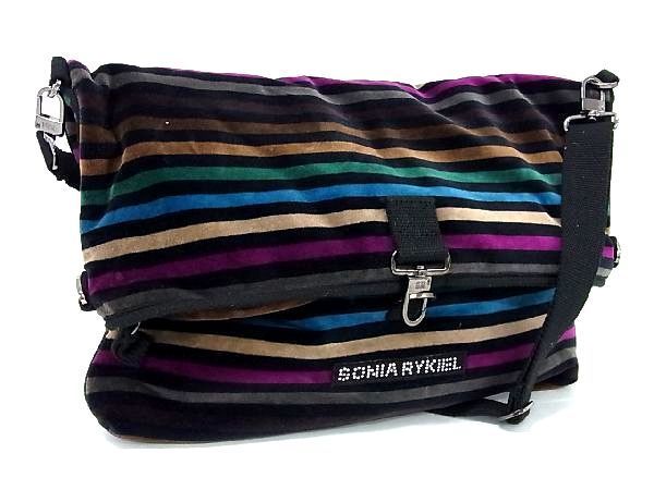 1円 ■美品■ SONIA RYKIEL ソニアリキエル ベロア ボーダー ラインストーン ショルダーバッグ 斜め掛け ブラック系×マルチカラー CC1148_画像1