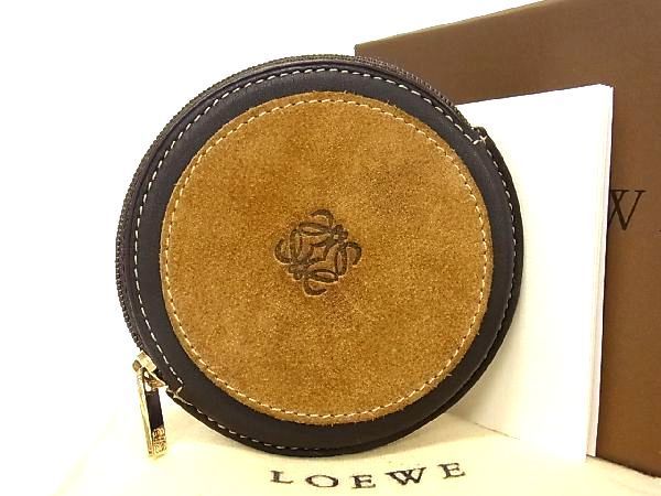 1円 ■極美品■ LOEWE ロエベ アナグラム スエード×レザー コインケース コインパース 小銭入れ メンズ レディース ブラウン系 AV4307_画像1