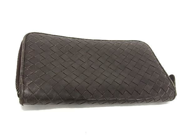 1円 BOTTEGA VENETA ボッテガヴェネタ イントレチャート レザー ラウンドファスナー 二つ折り 財布 ウォレット ダークブラウン系 DA5915_画像2