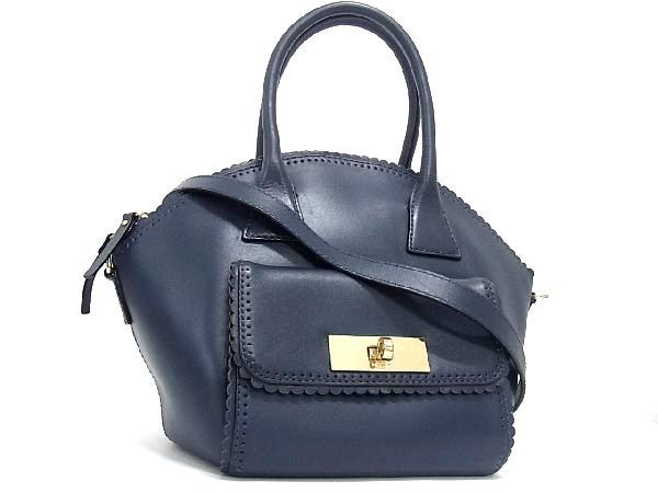 1円 ■美品■ kate spade ケイトスペード PVRU4344 レザー 2WAY ハンドバッグ トート ショルダー 肩掛け レディース ネイビー系 AT8353_画像1