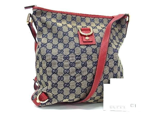 1円 ■美品■ GUCCI グッチ 131326 2684 アビー GG柄 GGキャンバス×レザークロスボディ ショルダーバッグ ネイビー系×レッド系 AT7590_画像1