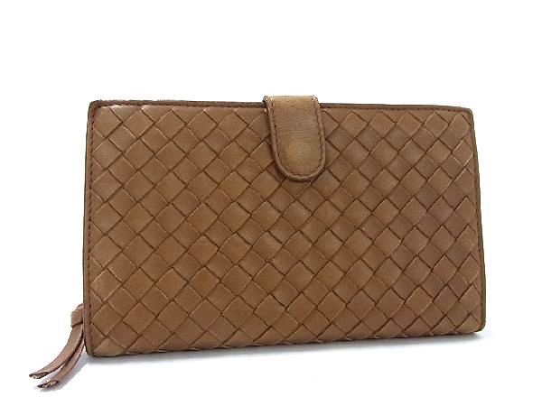 1円 BOTTEGA VENETA ボッテガヴェネタ イントレチャート レザー 二つ折り 長財布 ウォレット レディース メンズ ブラウン系 AT8525_画像1