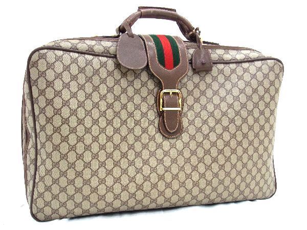 1円 ■美品■ GUCCI グッチ オールドグッチ ヴィンテージ GG柄 シェリーライン PVC×レザー トランクケース ベージュ系 EA1786_画像1