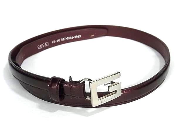 1円 GUCCI グッチ 037 1046 0969 パテントレザー ベルト 表記サイズ 65・26 レディース メンズ ボルドー系 AT9546_画像1