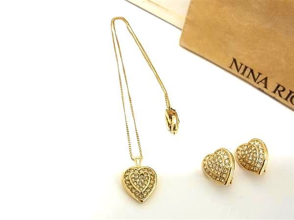 1円 ■美品■ NINA RICCI ニナリッチ ラインストーン クリップ式 イヤリング ネックレス アクセサリー ２点セット ゴールド系 BH1034_画像1