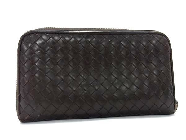 1円 BOTTEGA VENETA ボッテガヴェネタ イントレチャート レザー ラウンドファスナー 長財布 ウォレット 小銭入れ ダークブラウン系 AS6610_画像1