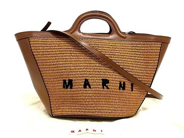 ■極美品■ MARNIマルニ トロピカリア ラフィア×レザー 2WAY トート ショルダー かごバッグ 肩掛け 斜め掛け ブラウン系 AV4868_画像1