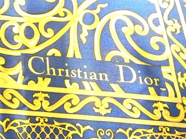 1円 ■新品同様■ ChristianDior クリスチャンディオール シルク100% 総柄 スカーフ ストール ショール ネイビー系×ゴールド系 AS8447_画像4