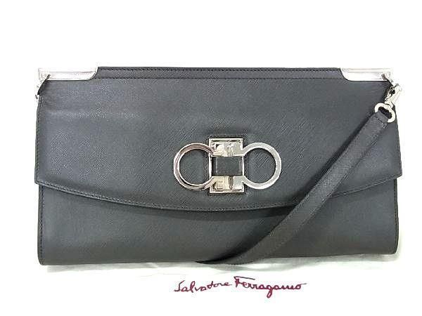 1円 ■極美品■ Salvatore Ferragamo フェラガモ DH-21 4834 ダブルガンチーニ レザー ショルダーバッグ レディース グレー系 AV5012_画像1