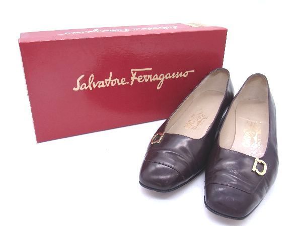 Salvatore Ferragamo フェラガモ レザー ヒール パンプス 表記サイズ7 (約24.5cm) 靴 シューズ レディース ダークブラウン系 DD1274_画像1