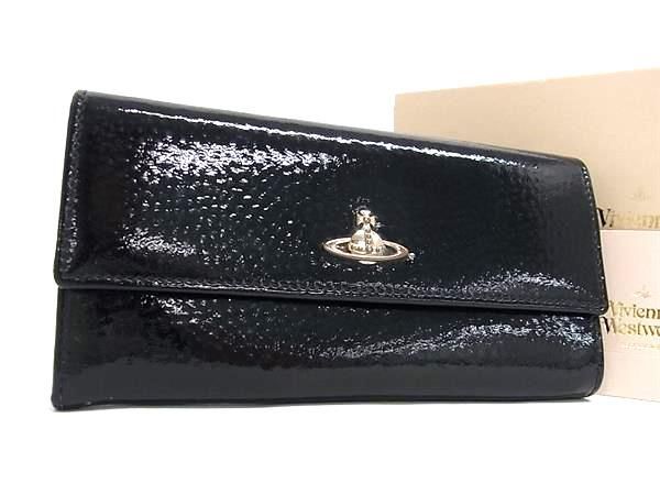 1円 ■美品■ Vivienne Westwood ヴィヴィアンウエストウッド オーブ パテントレザー 二つ折り 長財布 ウォレット ブラック系 AW2174_画像1