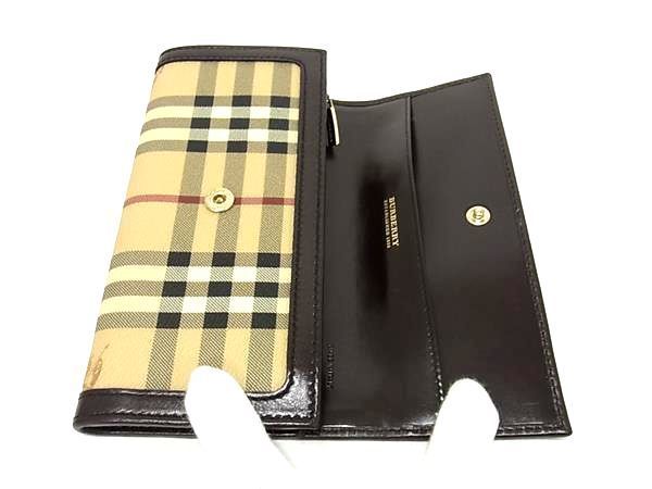 1円 ■極美品■ BURBERRY バーバリー ノバチェック PVC×レザー 二つ折り 長財布 レディース ベージュ系×ブラウン系 AS7930_画像3