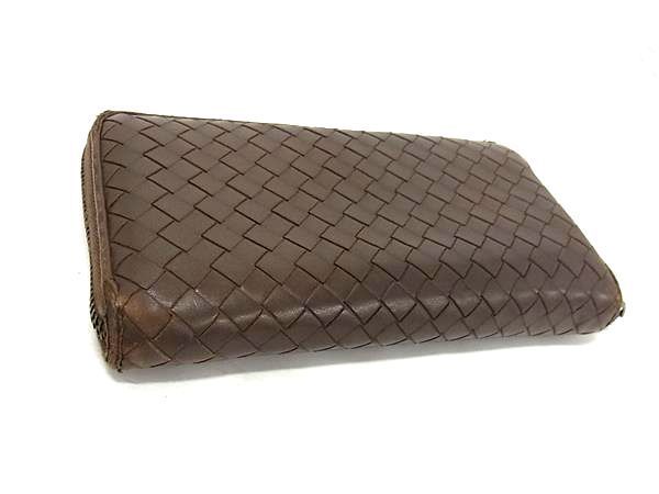 1円 BOTTEGA VENETA ボッテガヴェネタ イントレチャート レザー ラウンドファスナー 長財布 ウォレット 小銭入れ 札入れ ブラウン系 AU9682_画像2