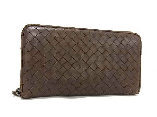 1円 BOTTEGA VENETA ボッテガヴェネタ イントレチャート レザー ラウンドファスナー 長財布 ウォレット 小銭入れ 札入れ ブラウン系 AU9682_画像1