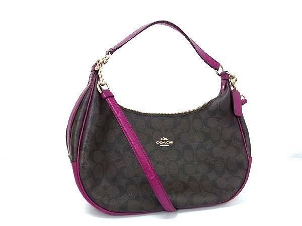 1円 ■美品■ COACH コーチ F38267 シグネチャー PVC×レザー ２WAY ハンドバッグ ショルダー 肩掛け ブラウン系×パープル系 AS9480_画像1