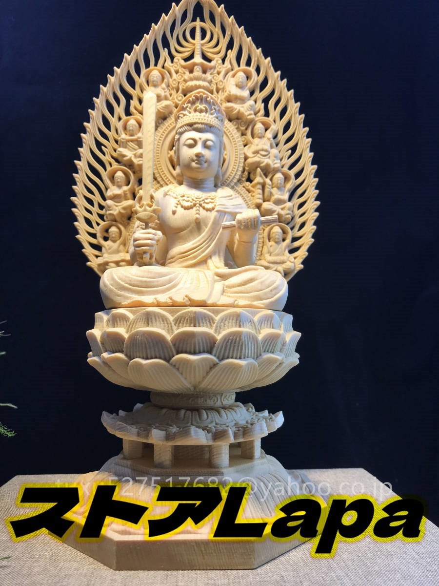 新作 仏教工芸品　仏教美術　木彫仏教　精密彫刻 仏師で仕上げ品 珍品 文殊菩薩 総檜木材 高さ29cm_画像3